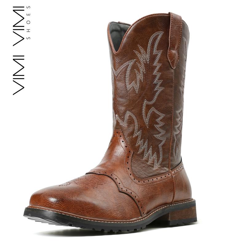 VIMI VIMI Mid Calf Boots for Men Cowboy Boots Square Toe Chunky Heels Embroidery Western Boots