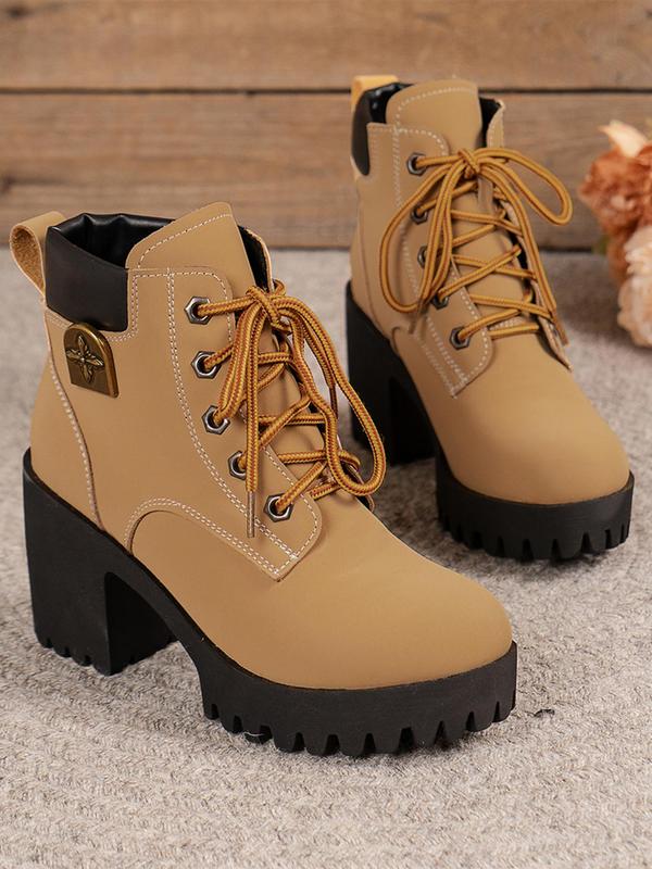 Women's Fashionable Solid Color Patched Design Lace Up Boots, Casual Comfortable Round Toe Boots for Daily Wear, Female All-match Trendy Shoes for Fall & Winter