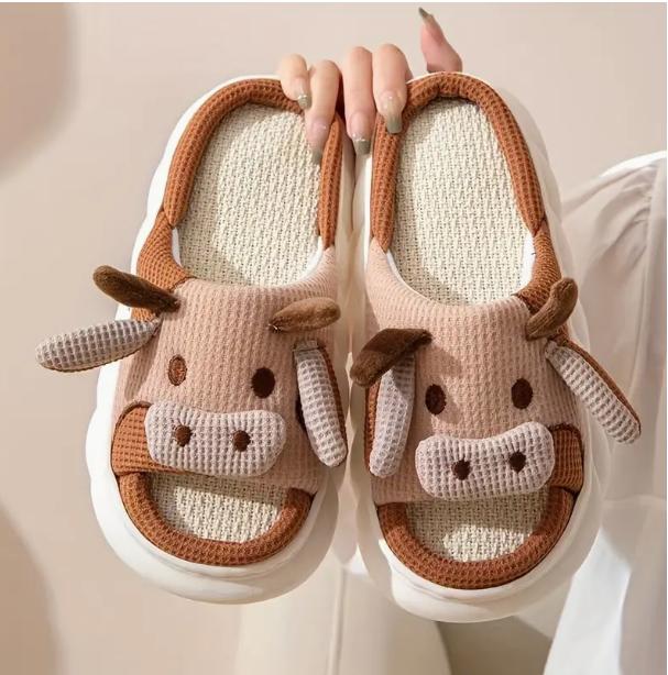 Cow Pattern Plush Slippers - Soft Fabric Lining, Cartoon Design, Comfortable Indoor Shoes with TPR Sole for Cozy Home Wear - Casual Slip-On Style Walking Shoes Footwear