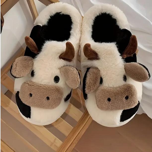 Cow Pattern Plush Slippers - Soft Fabric Lining, Cartoon Design, Comfortable Indoor Shoes with TPR Sole for Cozy Home Wear - Casual Slip-On Style Walking Shoes Footwear