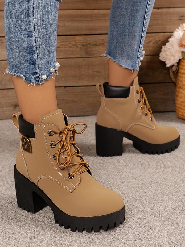 Women's Fashionable Solid Color Patched Design Lace Up Boots, Casual Comfortable Round Toe Boots for Daily Wear, Female All-match Trendy Shoes for Fall & Winter