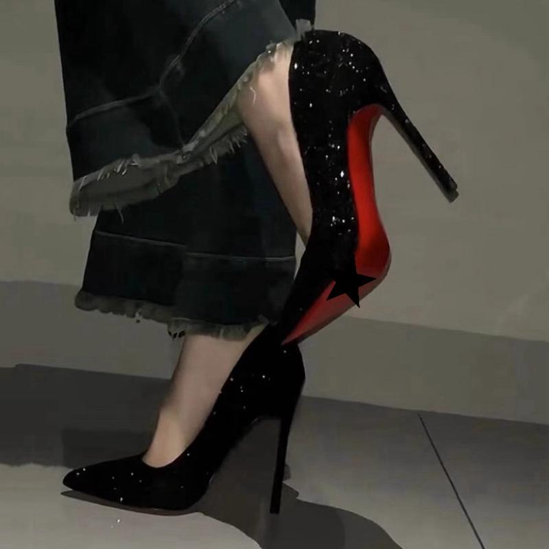 Sequined Red High Heels Women's New Black Thin Heel Pointed Toe Beautiful Professional Temperament Pumps