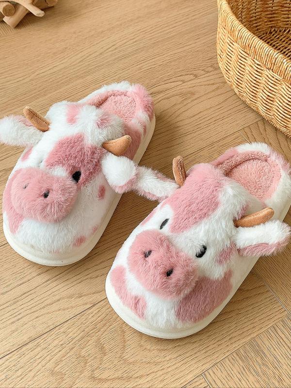 Women's Cute Cow Design Plush Slippers, Casual Soft Comfortable Home Slippers, Warm Slippers for Indoor & Outdoor Use for All Seasons