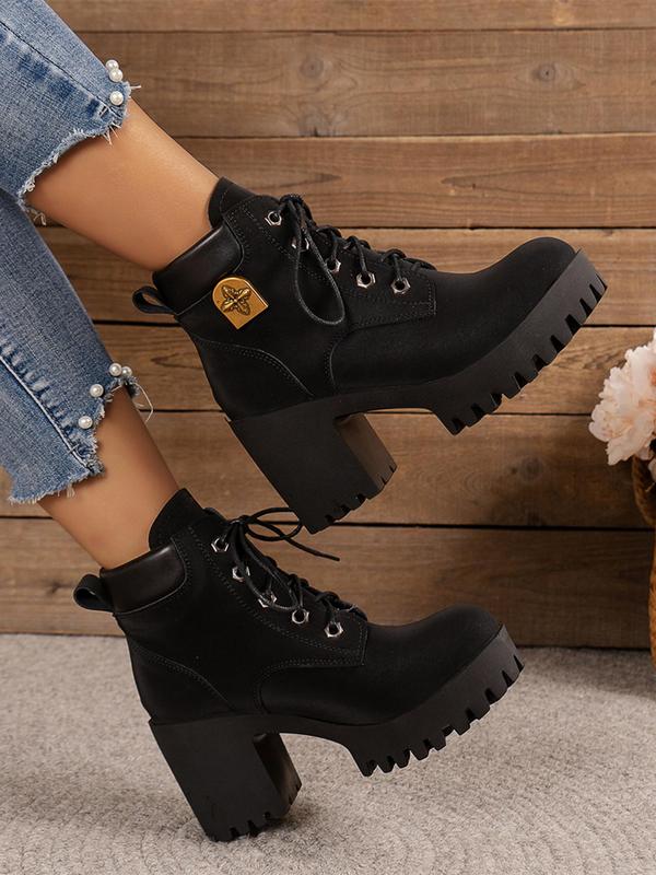 Women's Fashionable Solid Color Patched Design Lace Up Boots, Casual Comfortable Round Toe Boots for Daily Wear, Female All-match Trendy Shoes for Fall & Winter