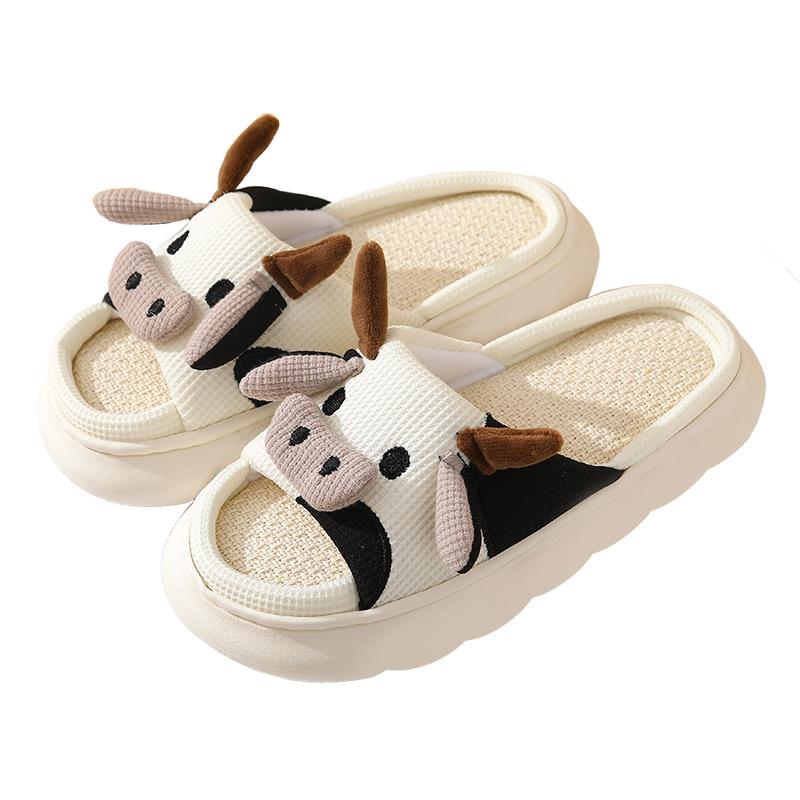 Cow Pattern Plush Slippers - Soft Fabric Lining, Cartoon Design, Comfortable Indoor Shoes with TPR Sole for Cozy Home Wear - Casual Slip-On Style Walking Shoes Footwear