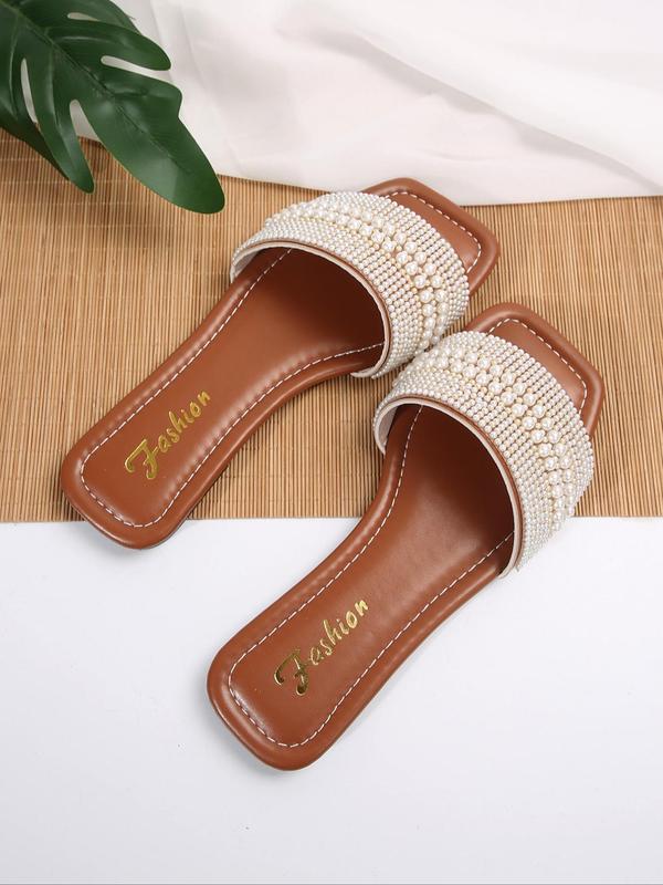 Women's Elegant Faux Pearl Decor Slip on Flat Sandals, 1 Pair Trendy Non-slip Slide Sandals, Fashionable All-match Slide Shoes for Summer for Women & Girls