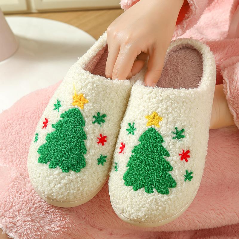 Christmas Tree Slippers Memory Foam for Women Men, Cozy Plush Warm Non-Slip Holiday Slides Non-Slip Soft Plush Slip-on Wool Lined House Shoes Indoor Outdoor