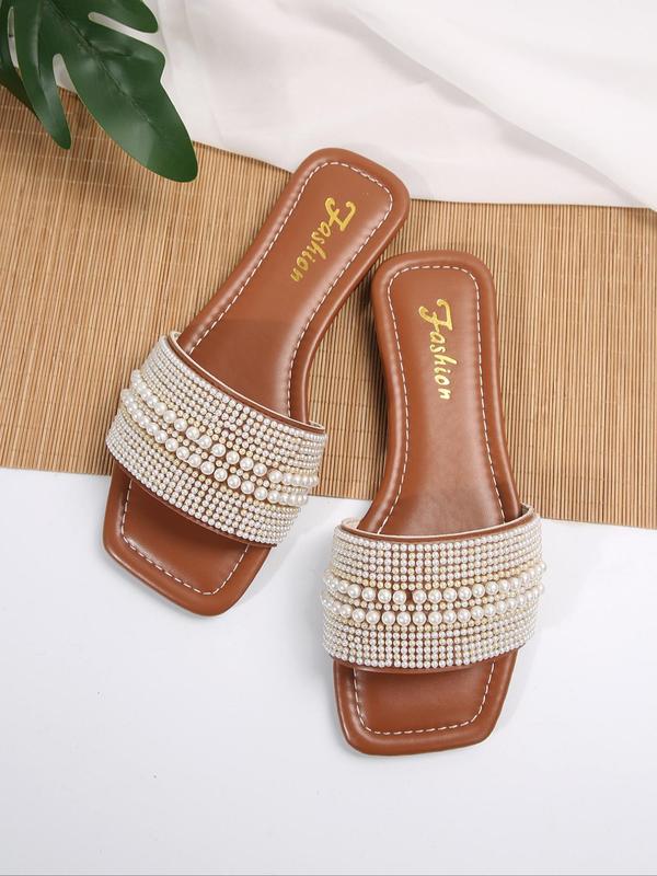 Women's Elegant Faux Pearl Decor Slip on Flat Sandals, 1 Pair Trendy Non-slip Slide Sandals, Fashionable All-match Slide Shoes for Summer for Women & Girls