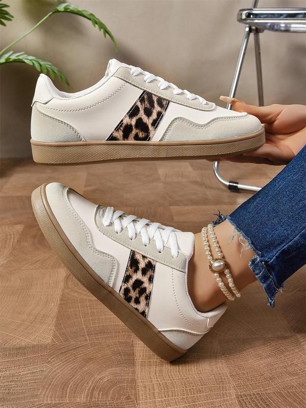 Women's Fashion Leopard Patchwork Print Lace Up Low Top Sneakers, Casual Comfortable Sports Running Shoes, Female All-match Round Toe Shoes for Daily Wear