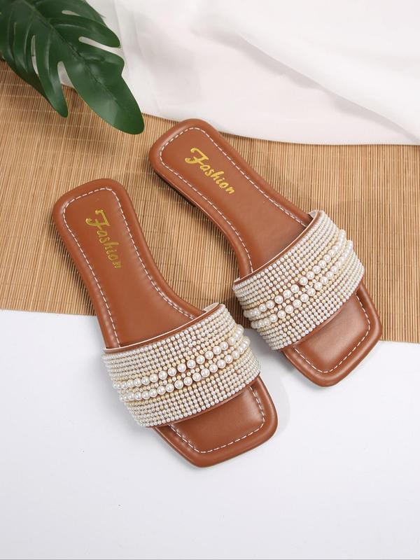 Women's Elegant Faux Pearl Decor Slip on Flat Sandals, 1 Pair Trendy Non-slip Slide Sandals, Fashionable All-match Slide Shoes for Summer for Women & Girls