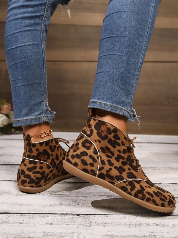 Fashion Leopard Print Lace Up Mid Top Sneakers, Casual Comfortable Sports Shoes for Daily Wear, Female All-match Round Toe Shoes, Women's Sneakers