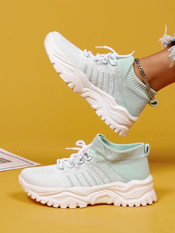 Women's Summer Fashionable Causal Colorblock Mint Green Round Toe Running Shoes, Sporty Lightweight Breathable Lace Up Sports Shoes, Simple Design Walking Shoes for Daily Wear