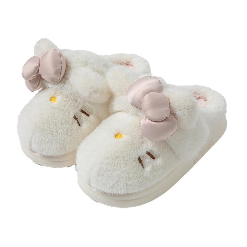 Cute cat bow couple cotton drag lady winter indoor home heating plush thick bottom fluffy slippers men