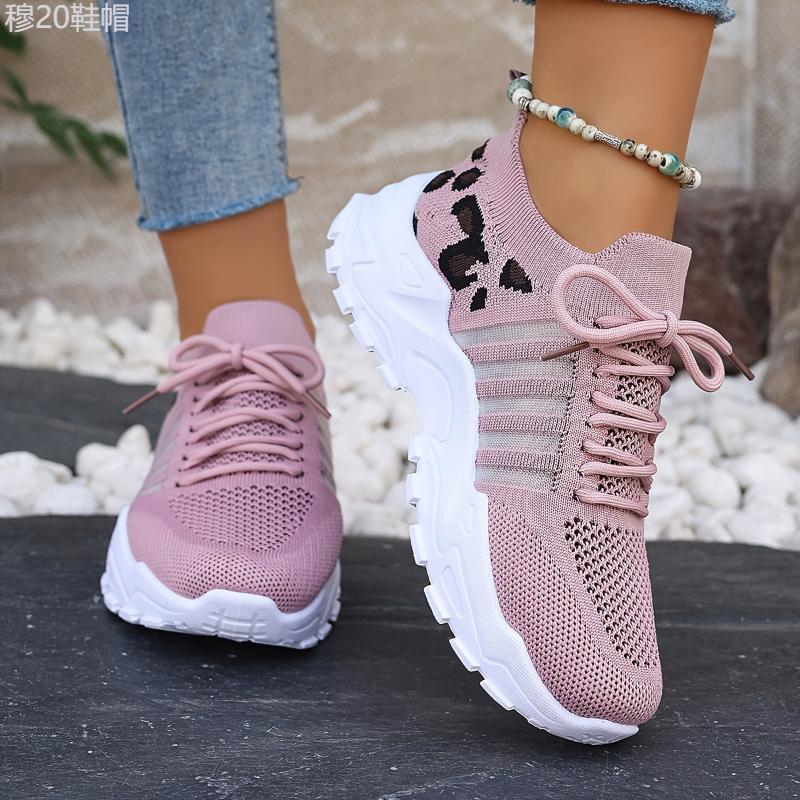 Women's Casual Sports Shoes, Flying Woven Leopard Print Breathable Lace-up Running Shoes, Comfortable Platform Shoes Plus Size Closed Trainer