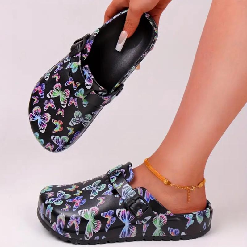 Women's Rainbow Butterfly Print EVA Slip-On Clogs with Cap Toe and Flat Heel for Beach & Garden Activities - Nail Footwear Comfort Shoe Walking Shoes