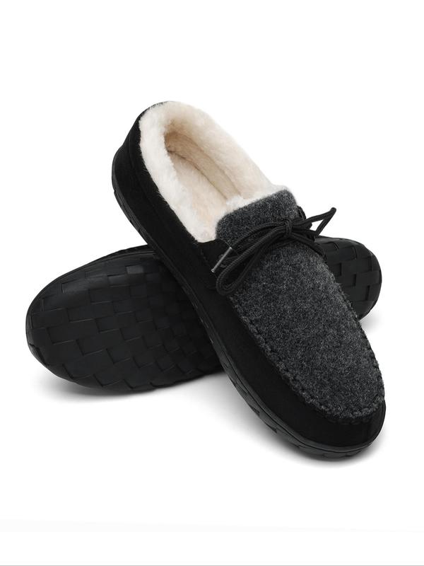 Men's Casual Solid Color Plush Lining Slippers, Lace Up Warm Comfortable Loafer Shoes, Non-slip Slippers for Indoor & Outdoor Wear