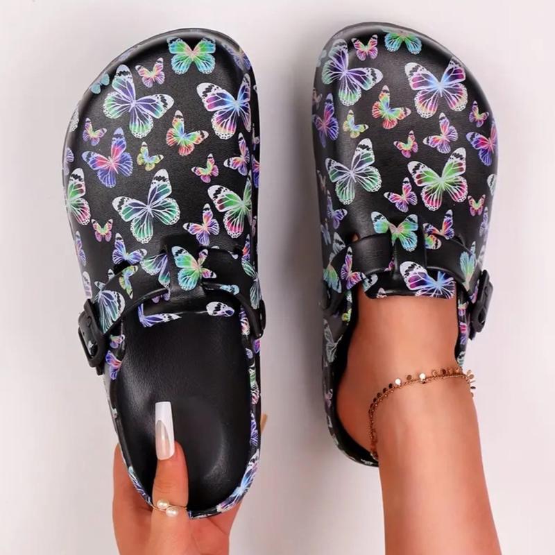 Women's Rainbow Butterfly Print EVA Slip-On Clogs with Cap Toe and Flat Heel for Beach & Garden Activities - Nail Footwear Comfort Shoe Walking Shoes