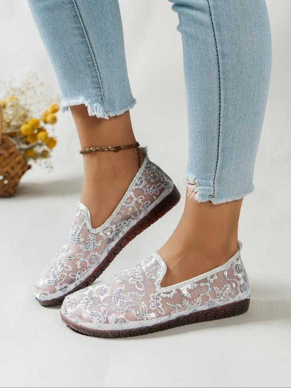 Women's Fashionable Embroidered Contrast Sequin Slip on Flats, Casual Comfortable Breathable Fabric Flat Shoes, Female All-match Round Toe Shoes for Daily Wear