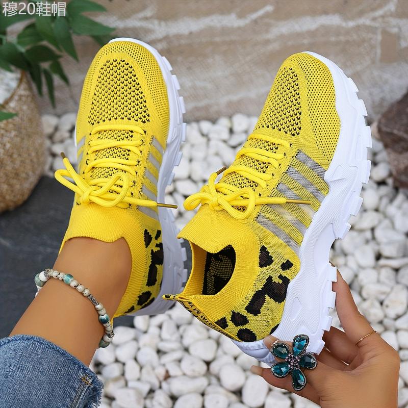 Women's Casual Sports Shoes, Flying Woven Leopard Print Breathable Lace-up Running Shoes, Comfortable Platform Shoes Plus Size Closed Trainer