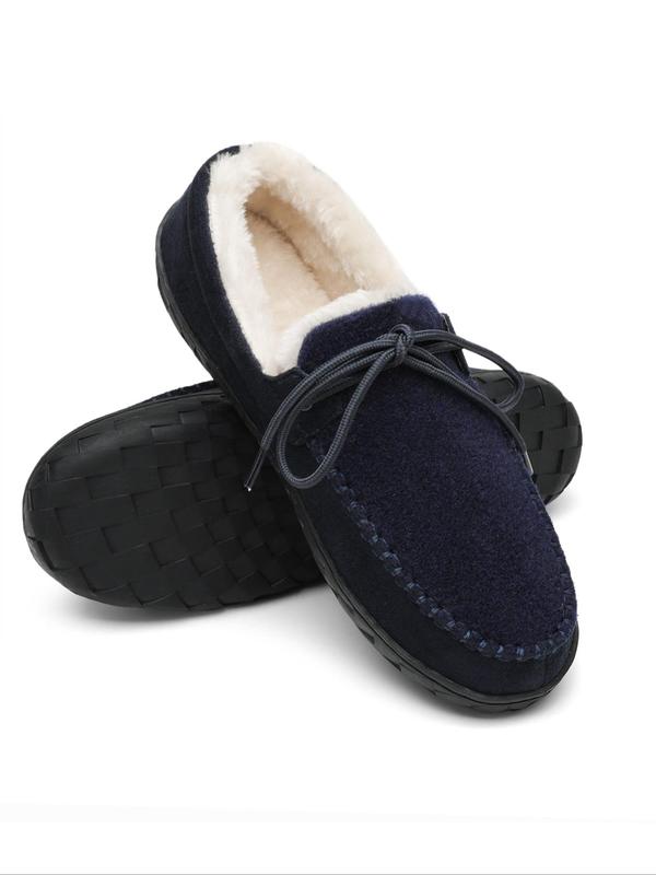 Men's Casual Solid Color Plush Lining Slippers, Lace Up Warm Comfortable Loafer Shoes, Non-slip Slippers for Indoor & Outdoor Wear