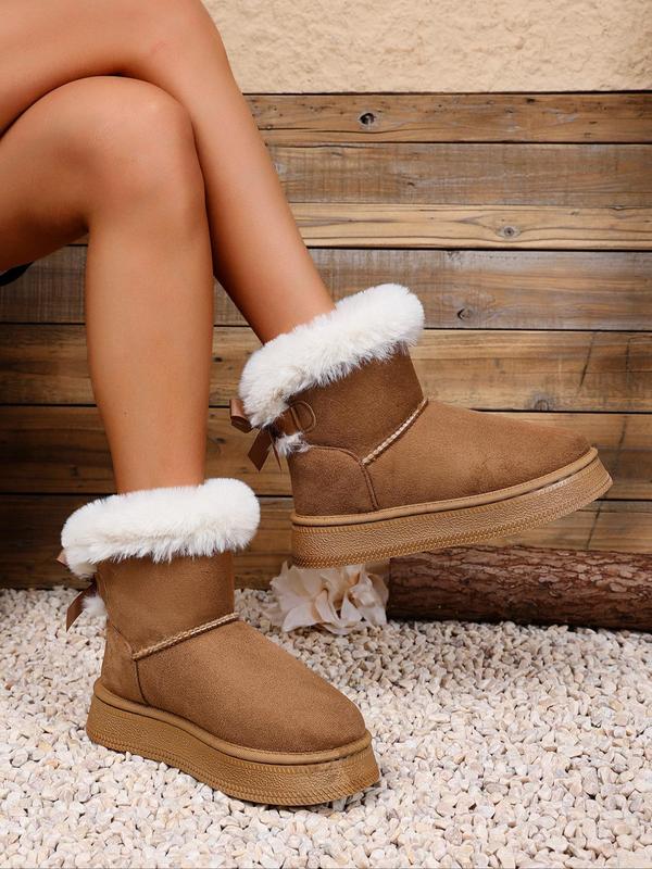 Women's Solid Color Bow Decorated Snow Boots, Casual Warm Comfortable Ankle Boots for Winter, Fluffy Lined Boots for Indoor & Outdoor