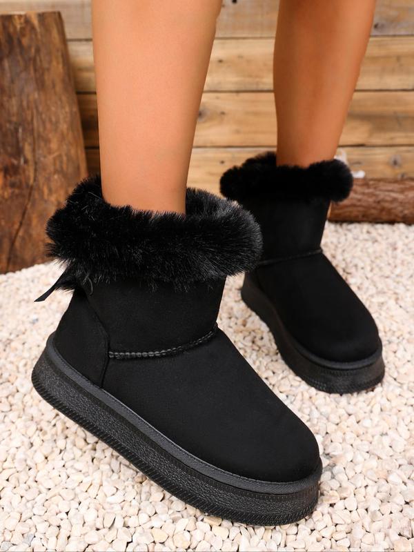 Women's Solid Color Bow Decorated Snow Boots, Casual Warm Comfortable Ankle Boots for Winter, Fluffy Lined Boots for Indoor & Outdoor