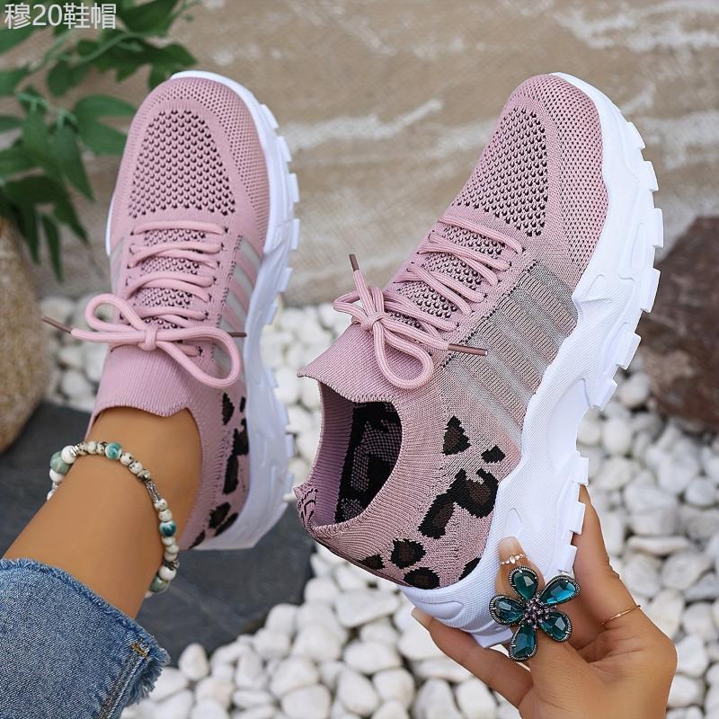 Women's Casual Sports Shoes, Flying Woven Leopard Print Breathable Lace-up Running Shoes, Comfortable Platform Shoes Plus Size Closed Trainer