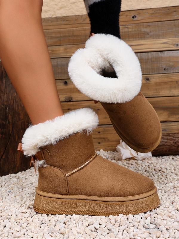 Women's Solid Color Bow Decorated Snow Boots, Casual Warm Comfortable Ankle Boots for Winter, Fluffy Lined Boots for Indoor & Outdoor