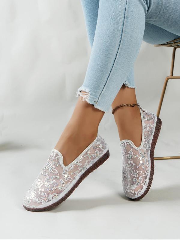 Women's Fashionable Embroidered Contrast Sequin Slip on Flats, Casual Comfortable Breathable Fabric Flat Shoes, Female All-match Round Toe Shoes for Daily Wear