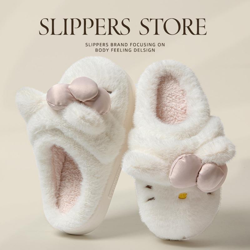 Cute cat bow couple cotton drag lady winter indoor home heating plush thick bottom fluffy slippers men