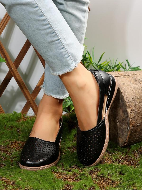 Women's Summer Fashionable Plain Hollow out Design Round Toe Wedge Shoes, Casual Comfortable Lightweight Loafers for Daily Wear, Simple Matching Slip on Shoes