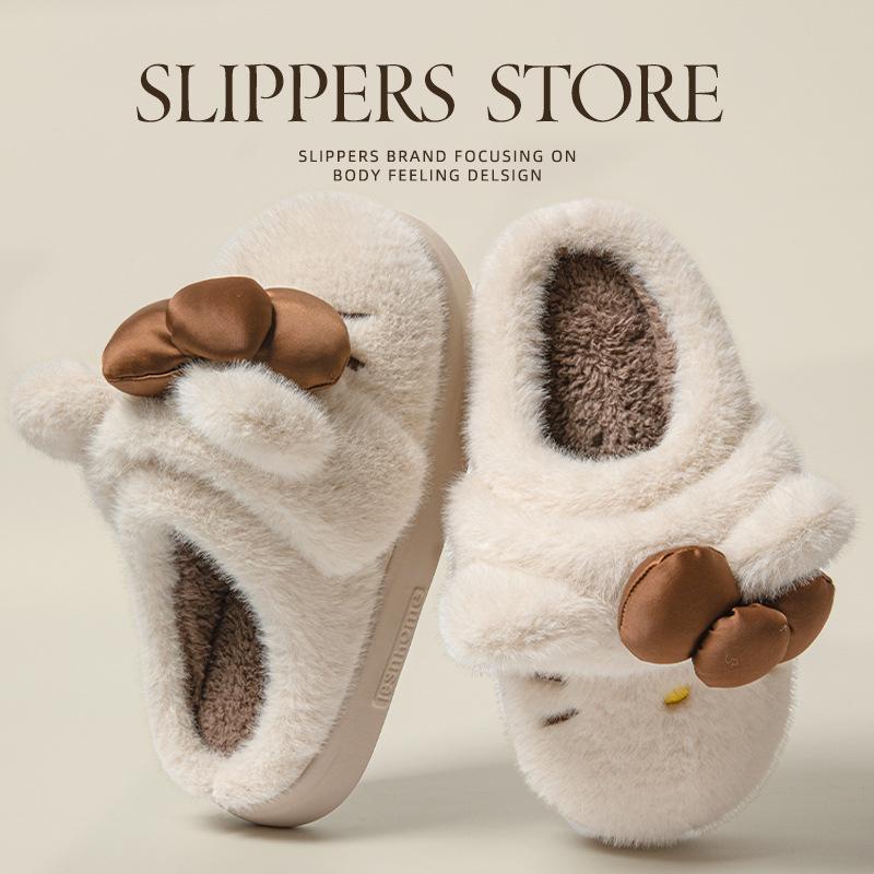 Cute cat bow couple cotton drag lady winter indoor home heating plush thick bottom fluffy slippers men