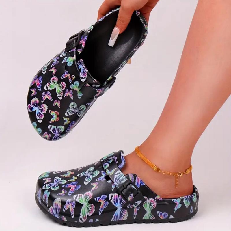 Women's Rainbow Butterfly Print EVA Slip-On Clogs with Cap Toe and Flat Heel for Beach & Garden Activities - Nail Footwear Comfort Shoe Walking Shoes