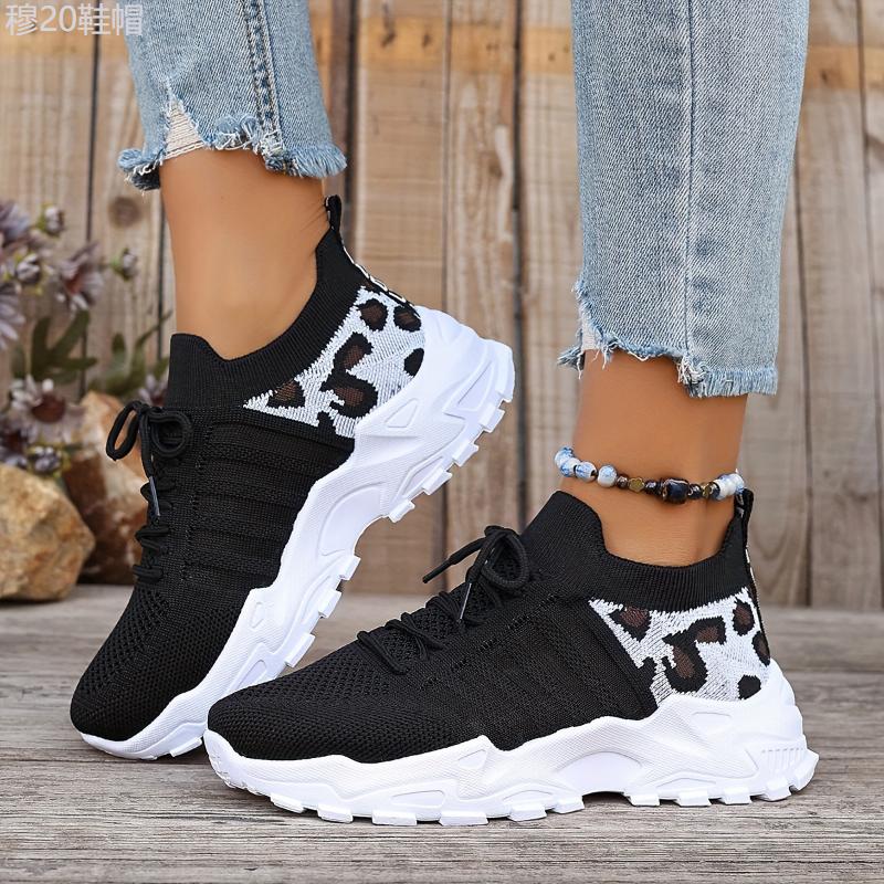 Women's Casual Sports Shoes, Flying Woven Leopard Print Breathable Lace-up Running Shoes, Comfortable Platform Shoes Plus Size Closed Trainer