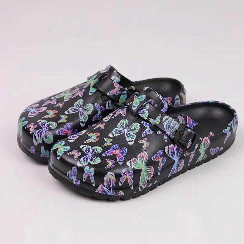 Women's Rainbow Butterfly Print EVA Slip-On Clogs with Cap Toe and Flat Heel for Beach & Garden Activities - Nail Footwear Comfort Shoe Walking Shoes