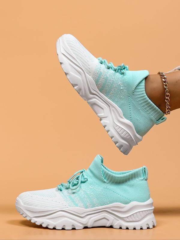 Women's Summer Fashionable Causal Colorblock Mint Green Round Toe Running Shoes, Sporty Lightweight Breathable Lace Up Sports Shoes, Simple Design Walking Shoes for Daily Wear