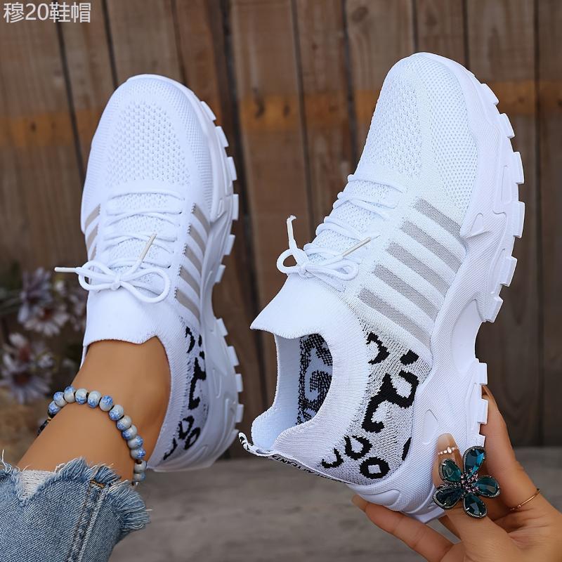 Women's Casual Sports Shoes, Flying Woven Leopard Print Breathable Lace-up Running Shoes, Comfortable Platform Shoes Plus Size Closed Trainer