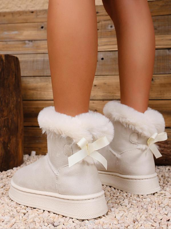 Women's Solid Color Bow Decorated Snow Boots, Casual Warm Comfortable Ankle Boots for Winter, Fluffy Lined Boots for Indoor & Outdoor