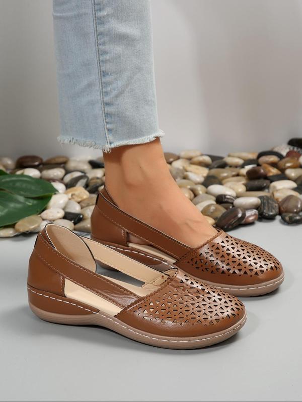 Women's Summer Fashionable Plain Hollow out Design Round Toe Wedge Shoes, Casual Comfortable Lightweight Loafers for Daily Wear, Simple Matching Slip on Shoes