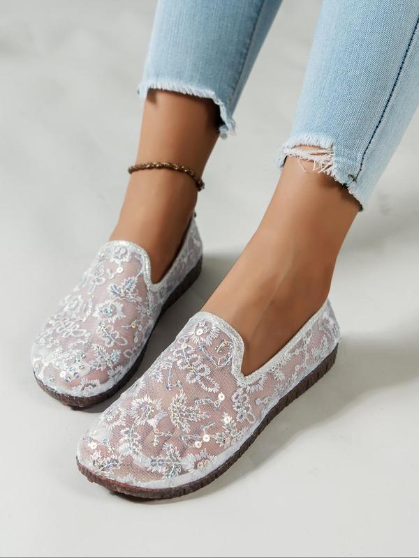 Women's Fashionable Embroidered Contrast Sequin Slip on Flats, Casual Comfortable Breathable Fabric Flat Shoes, Female All-match Round Toe Shoes for Daily Wear