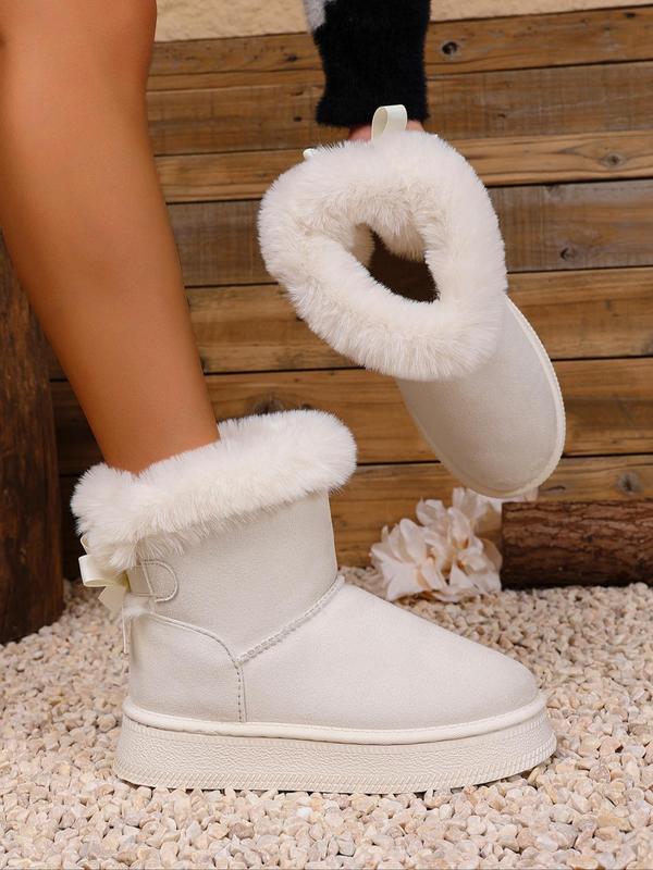 Women's Solid Color Bow Decorated Snow Boots, Casual Warm Comfortable Ankle Boots for Winter, Fluffy Lined Boots for Indoor & Outdoor