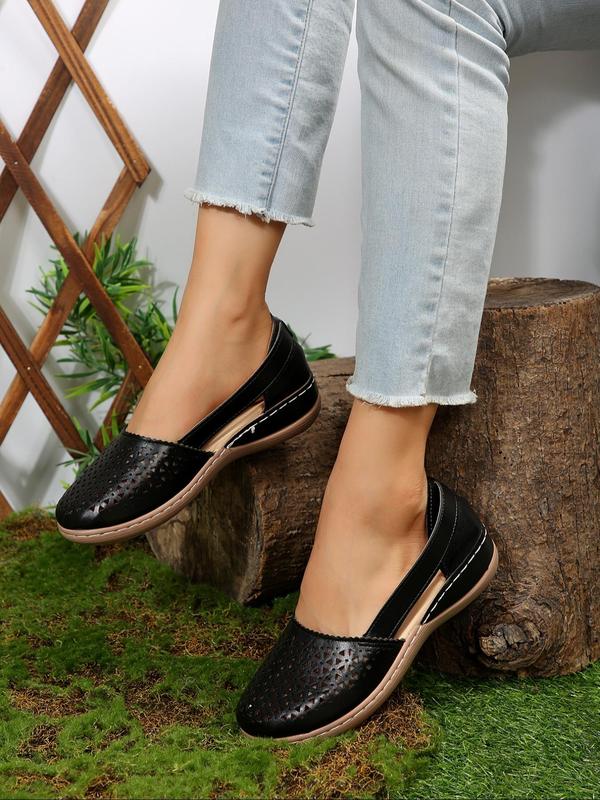 Women's Summer Fashionable Plain Hollow out Design Round Toe Wedge Shoes, Casual Comfortable Lightweight Loafers for Daily Wear, Simple Matching Slip on Shoes