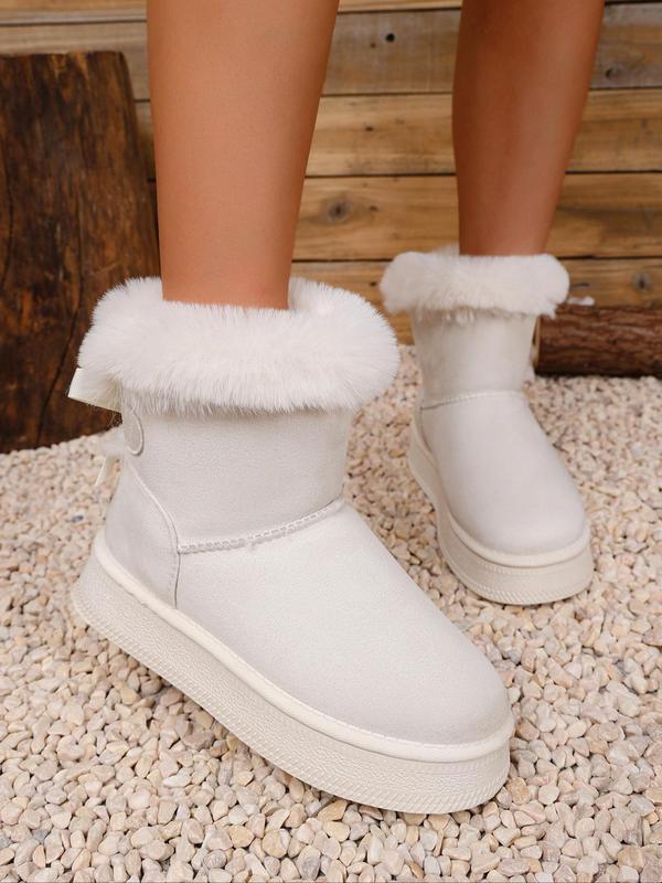 Women's Solid Color Bow Decorated Snow Boots, Casual Warm Comfortable Ankle Boots for Winter, Fluffy Lined Boots for Indoor & Outdoor