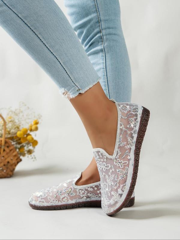 Women's Fashionable Embroidered Contrast Sequin Slip on Flats, Casual Comfortable Breathable Fabric Flat Shoes, Female All-match Round Toe Shoes for Daily Wear