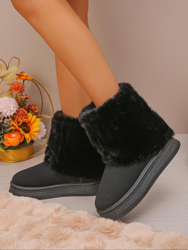 Women's Solid Color Fluffy Lined Ankle Boots, Casual Comfortable Warm Faux Fur Boots for Fall & Winter, Fluffy Shoes for Indoor & Outdoor Wear, Boots for Fall 2024