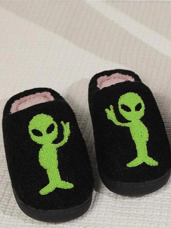 Men's Cute Cartoon Alien Pattern Plush Slippers, Casual Soft Comfortable Home Slippers, Warm Slippers for Indoor & Outdoor Use for All Seasons