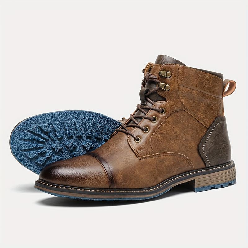 Men's Vintage Cap Head LASE-up Boots, Side Zipper, Casual PU Leather Walking Shoes