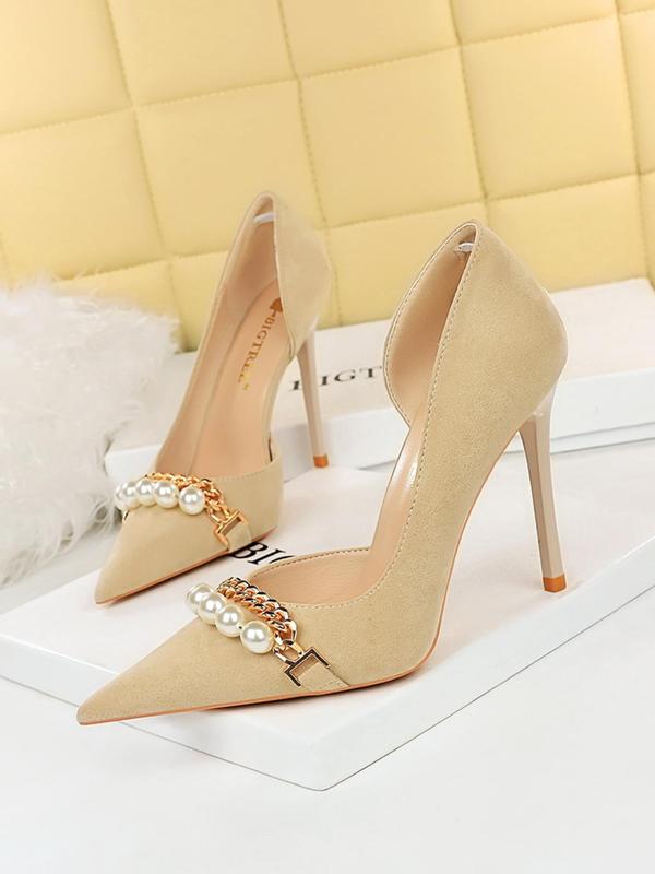 Women's Faux Pearl & Chain  Decorated High Heel Shoes, Elegant Pointed Toe Pumps for Party, Banquet, Fashionable Shoes for Daily Wear