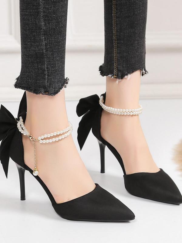 Women's Elegant Bowknot Design Stiletto Heels, Fashionable Faux Pearls Strap High Heels for Party, Banquet, Daily Clothing Decor for Women & Girls