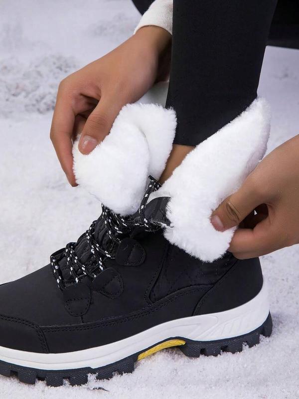 Women's Minimalist Casual Plain Lace Up Mid-calf Boots, Fashion Warm Plush Snow Boots for Outdoor Wear, Women's Boots for Fall & Winter, Boots for Women As Girlfriend Gifts for Fall 2024